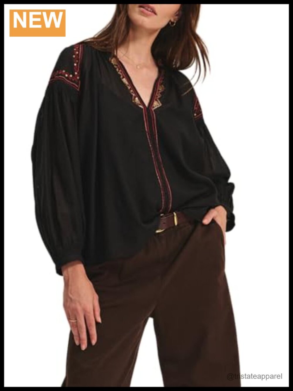 Novelty Beaded Cotton Voile Blouse V-Neck Puff Sleeve Regular Fit